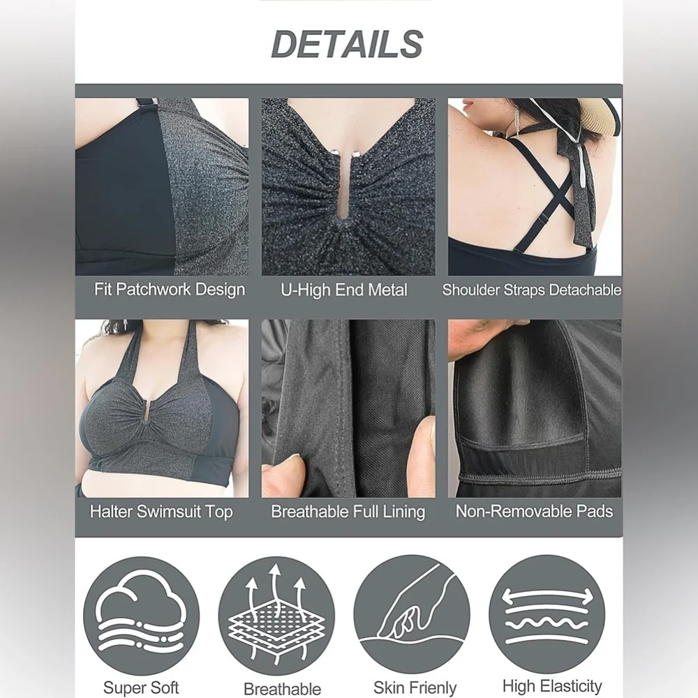 Bikini Top XL Black Shimmer Halter Racerback Plus Size‎ Tankini Swim Top NWOT